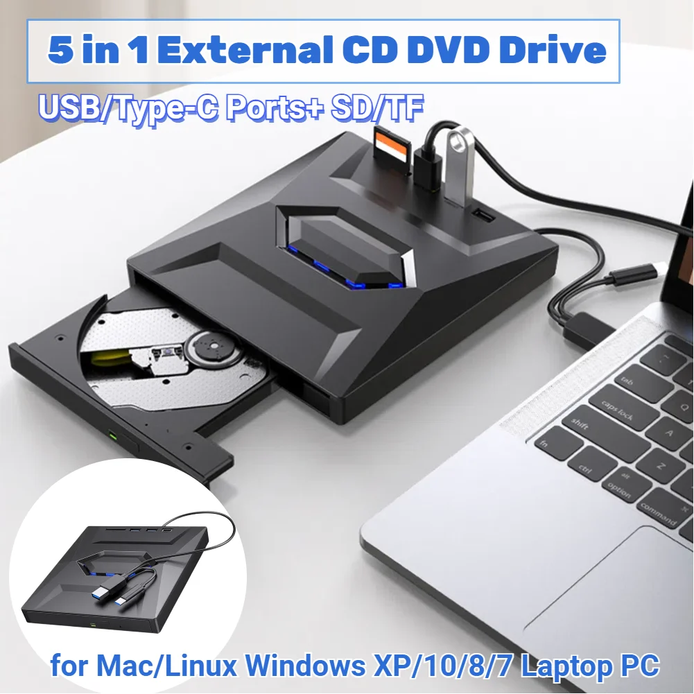 USB3.0 DVD Burner with USB/Type-C Ports+ SD/TF 5 In 1 Disk Reader Rewriter Drive for Mac/Linux Windows XP/10/8/7 Laptop PC