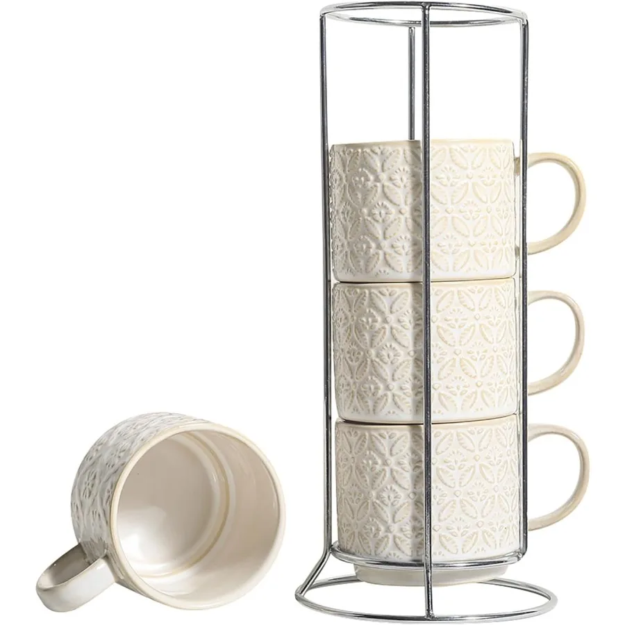 Tazas de café de 6 Oz con soporte, tazas de café expreso de cerámica apilables, juego de 4 tazas de café en relieve para capuchino de porcelana, Latte Coco
