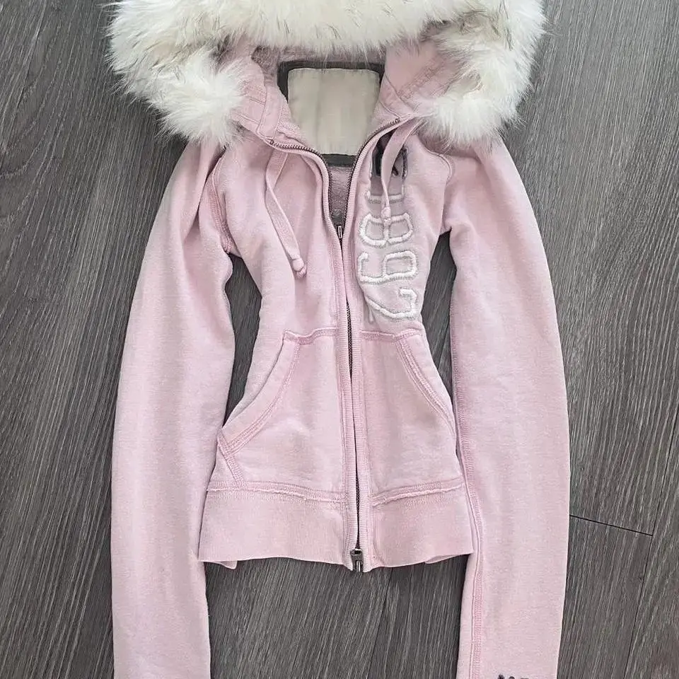 خمر الأمريكية فو الفراء هوديي المرأة الشتاء اصطف سستة ضئيلة البلوز Y2k دافئ كنزة صوف الشارع الشهير سترة Harajuku #4