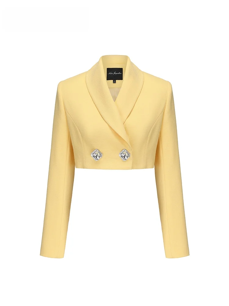 Ele Retro NanaJacqueline Women's ort Suit Jaet with Pearl Buttons Spring New Arrival High Waist Design Sweet Sle