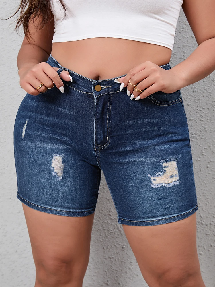 SHOWMALL Plus Size  Denim Shorts for Women Casual High Waisted Shorts Ripped Denim Jean Shorts