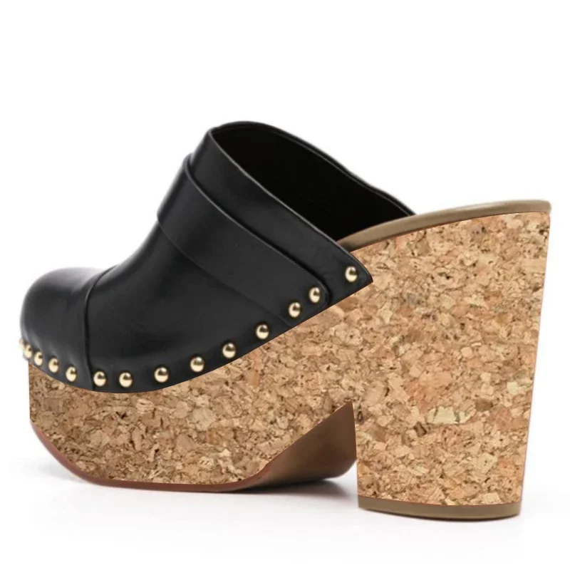 DIZHUANG Fashionable women's high-heeled slippers. 10-12cm heel height. Black leather slippers. Closed toe slippers. SIZE:34-46