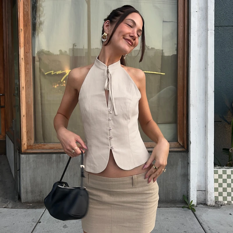 Candyhot ريترو أكمام أزرار س الرقبة الدانتيل يصل عارية الذراعين تانك القمم Y2K الصيف موضة الحلو اليومية في الهواء الطلق جديد كل مباراة سترة