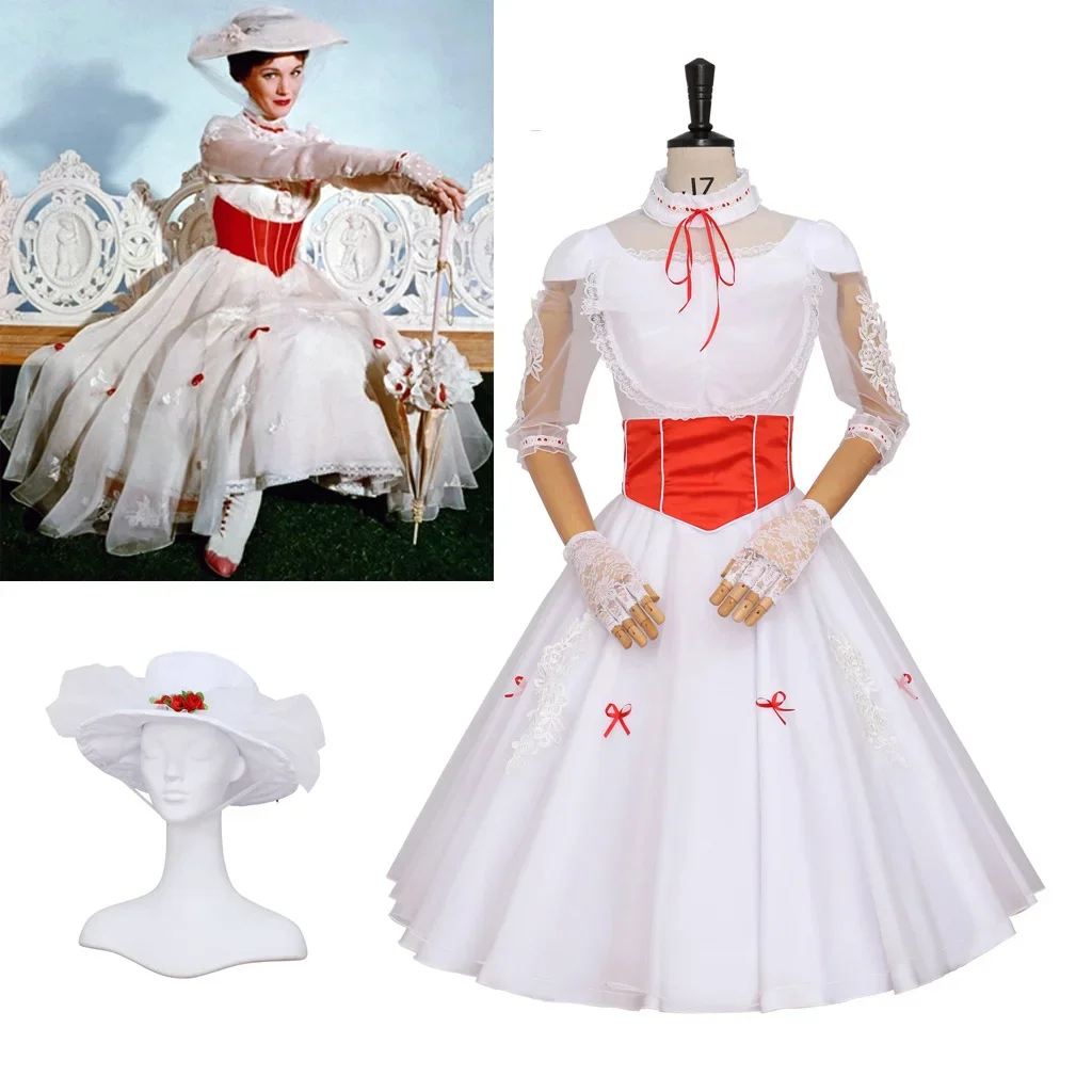 

Mary Cosplay Poppins Adult Size With Red Satin Corset Dress Cosplay Dreamy Elegant Prom Dress With Hat Gloves