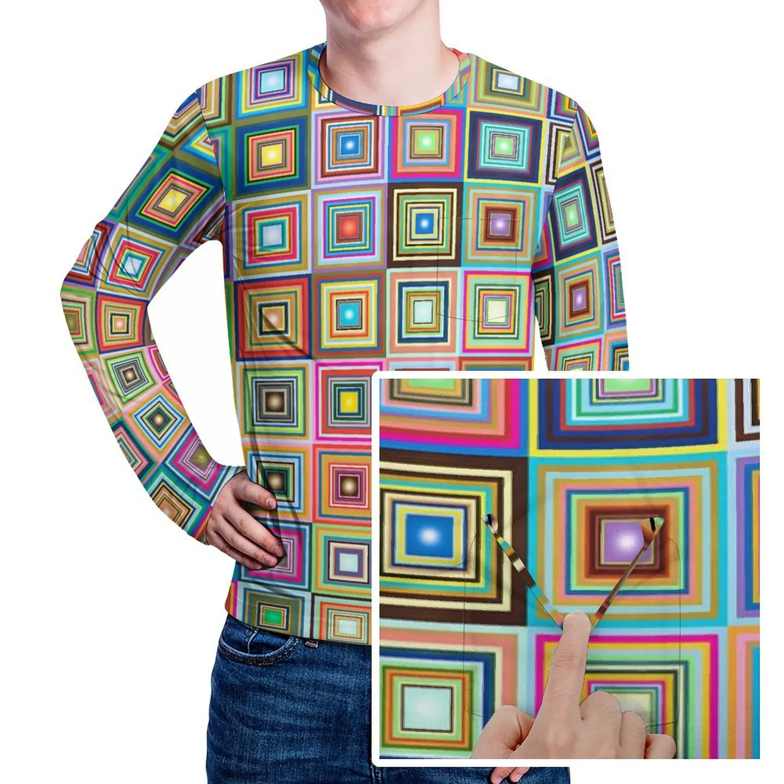 Fun Retro Square T Shirt With Pocket Colorful Tiles Novelty T Shirts Male Kawaii Tshirt Long Sleeve Custom Top Tees Large Size