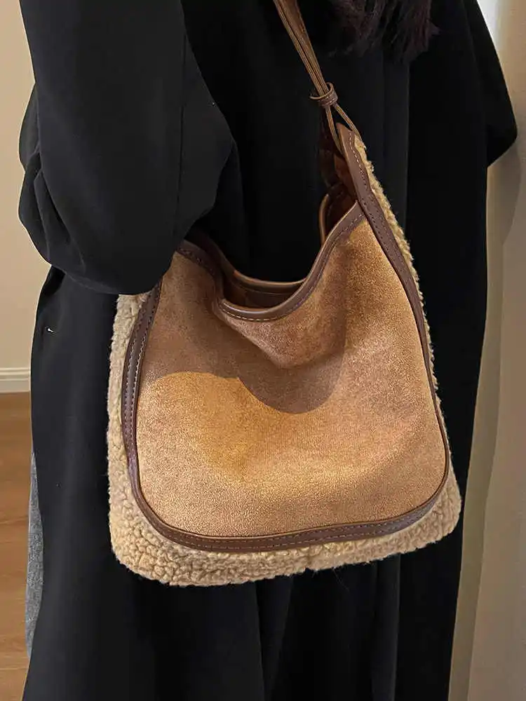 Fashion Lamb Wool Bucket Bag Women Autumn Winter New Large Capacity Versatile Comute Suede Patchwork One Shoulder Crossbody Bags