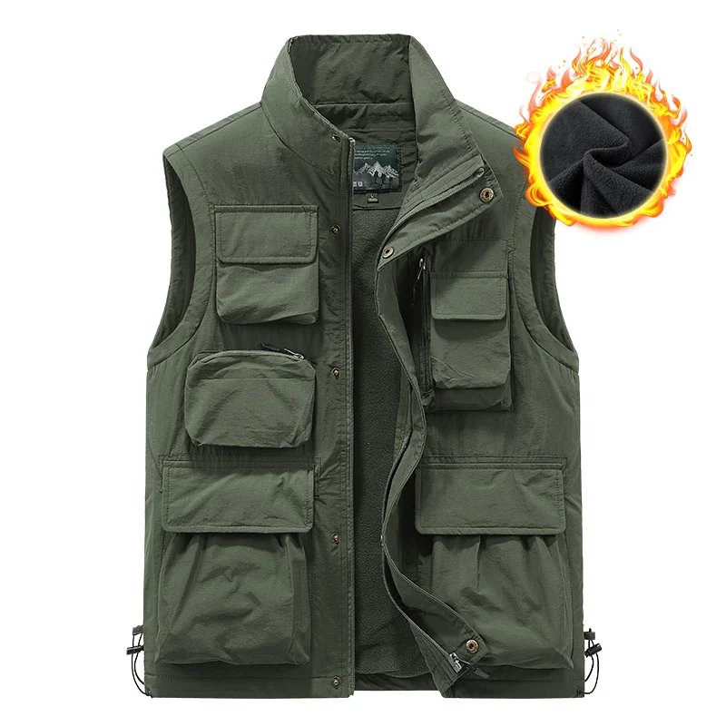 Multi-pocket Vest for Men Windfroof Autumn and Winter Fleece Outdoor Jacket Sleeveless Tactical Vest Plus Size Men Clothing