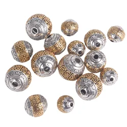 Rodada Budista Tibetano Metal Beads para Fazer Jóias, Nepal, Prata, Cor do Ouro, Solto, Bracelete DIY, 8mm, 10mm, 12mm, 10Pcs