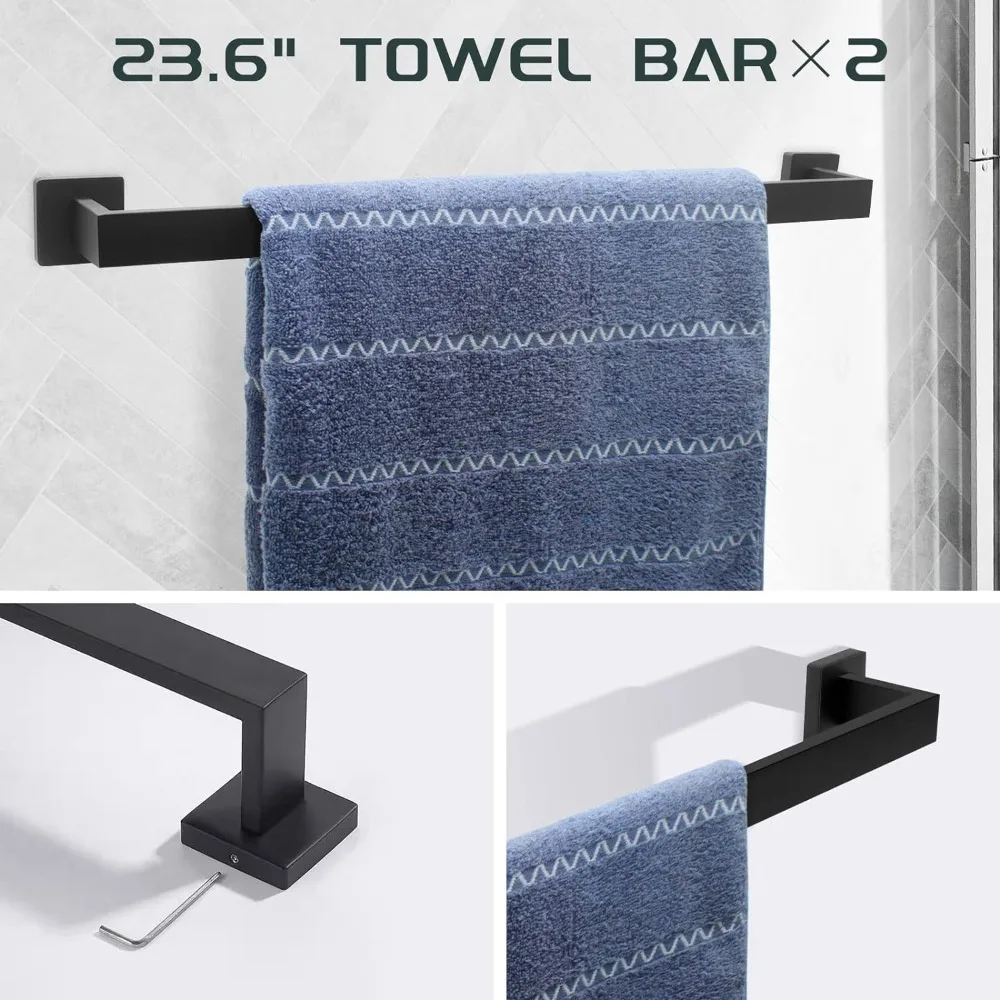 7 Piece Bathroom Hardware Set Black Towel Bar Set Matte Black Bathroom Hardware Accessories Set with 2 Towel Bars