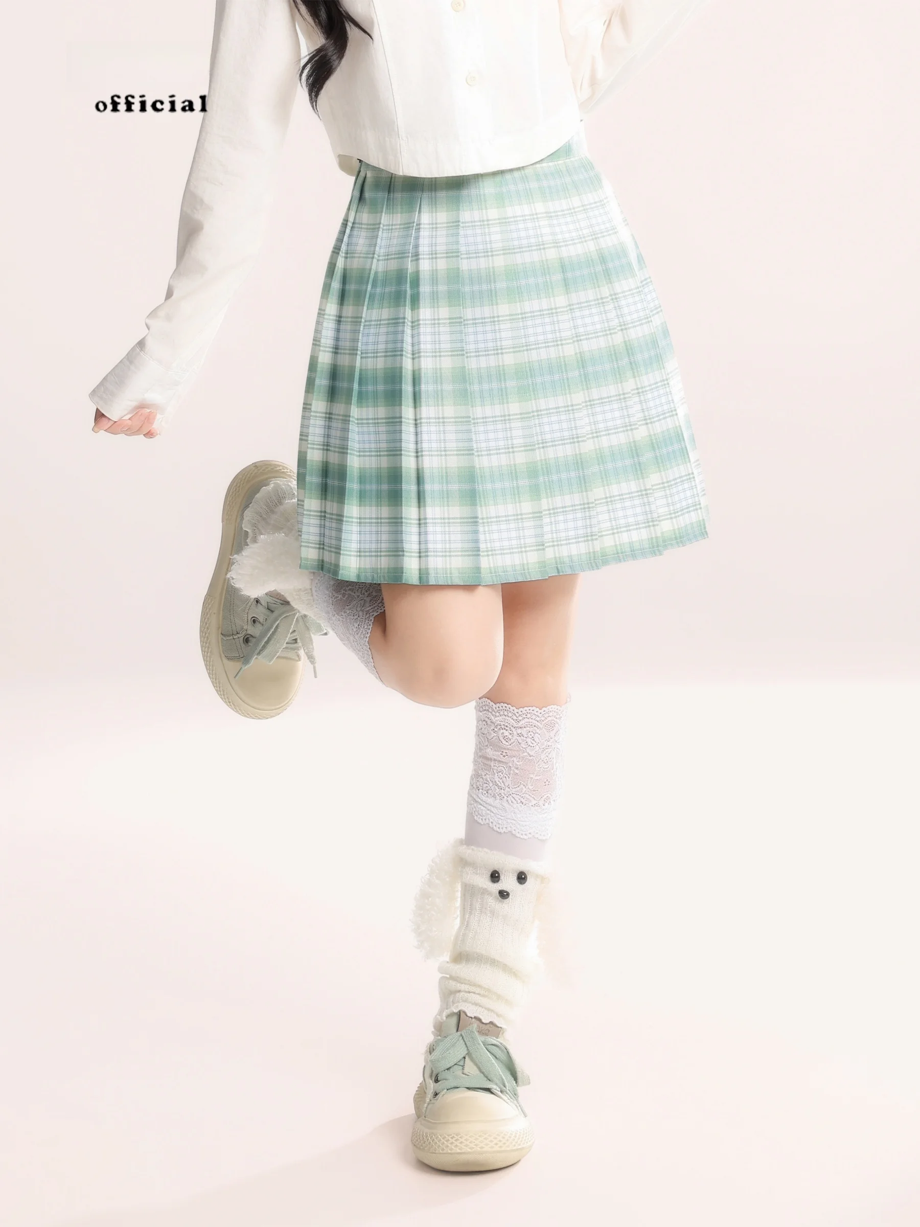 

Mint een Plaid Skirt orm Sle JK High Waist Women's Sweet Slimming Pleated Skirt with Bow Tie College Campus Faion