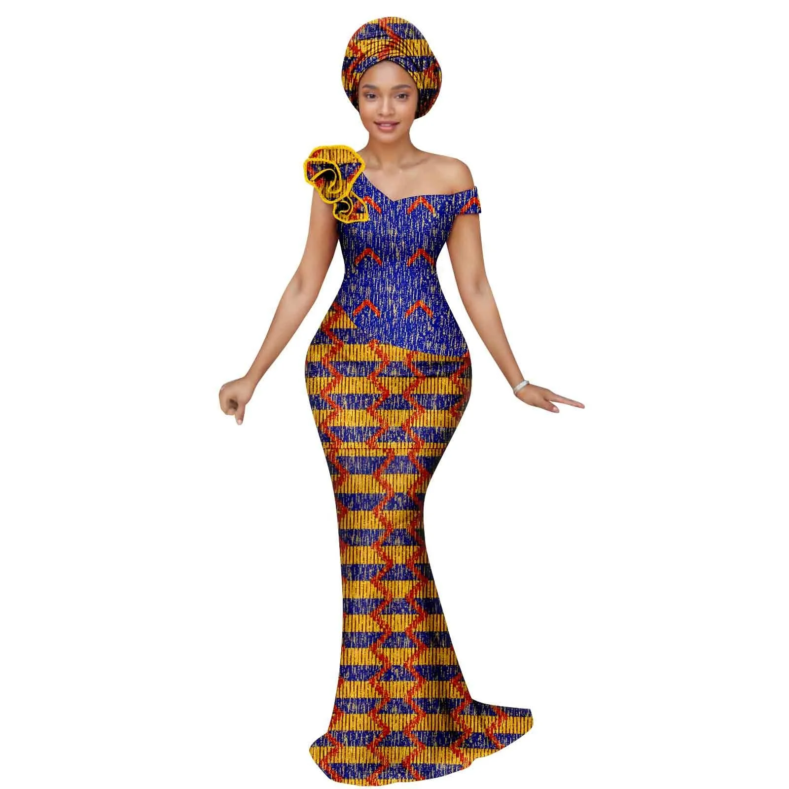 Luxury Ankara Fashion Women's Dress with Slanted Shoulder Design Sexy Flower Gown with Matching Headscarf for African Traditiona