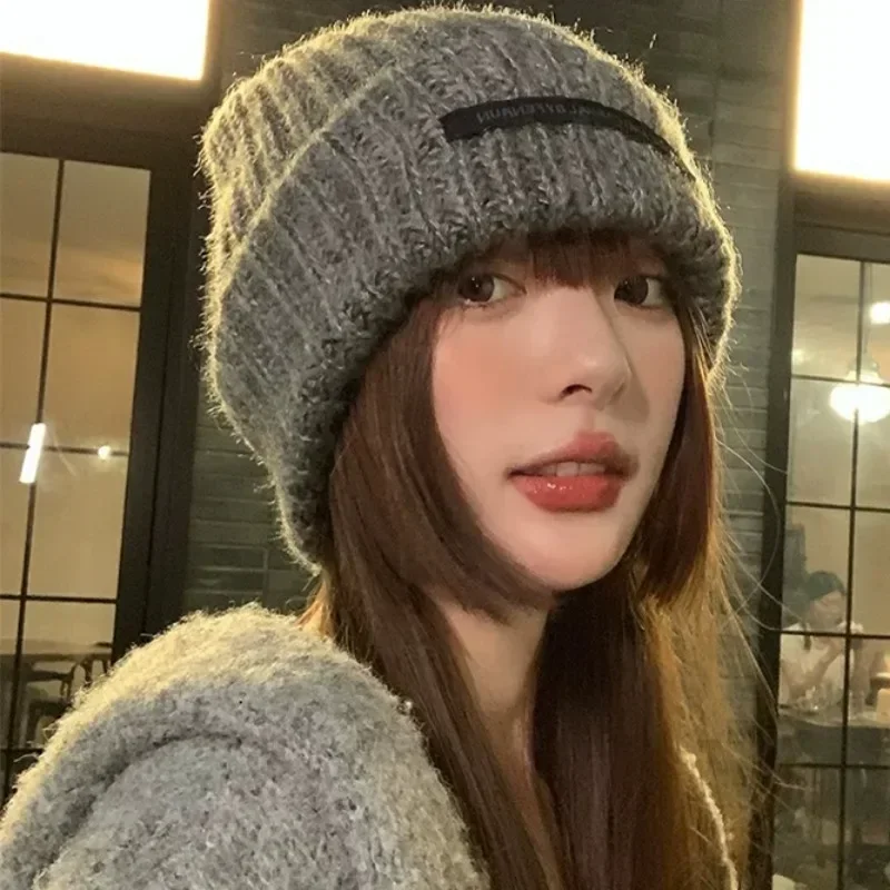 Solid Color Knitted Hats Winter Women Men Simple Letter Warm Beanie Caps Daily Casual Versatile Hats Fashion Accessories Gifts