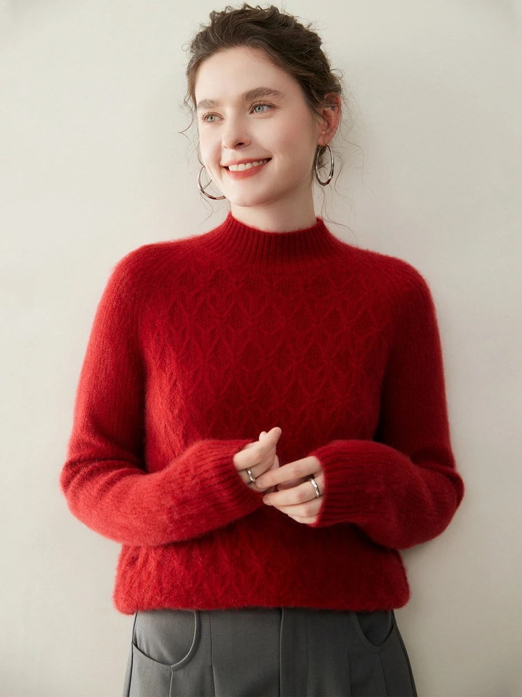 

Thick Cable Stitch Autumn Winter Mock Neck Women's Soft Warm Long Sleeves Pullover Sweater 100% Cashmere Knitted Clothing Tops
