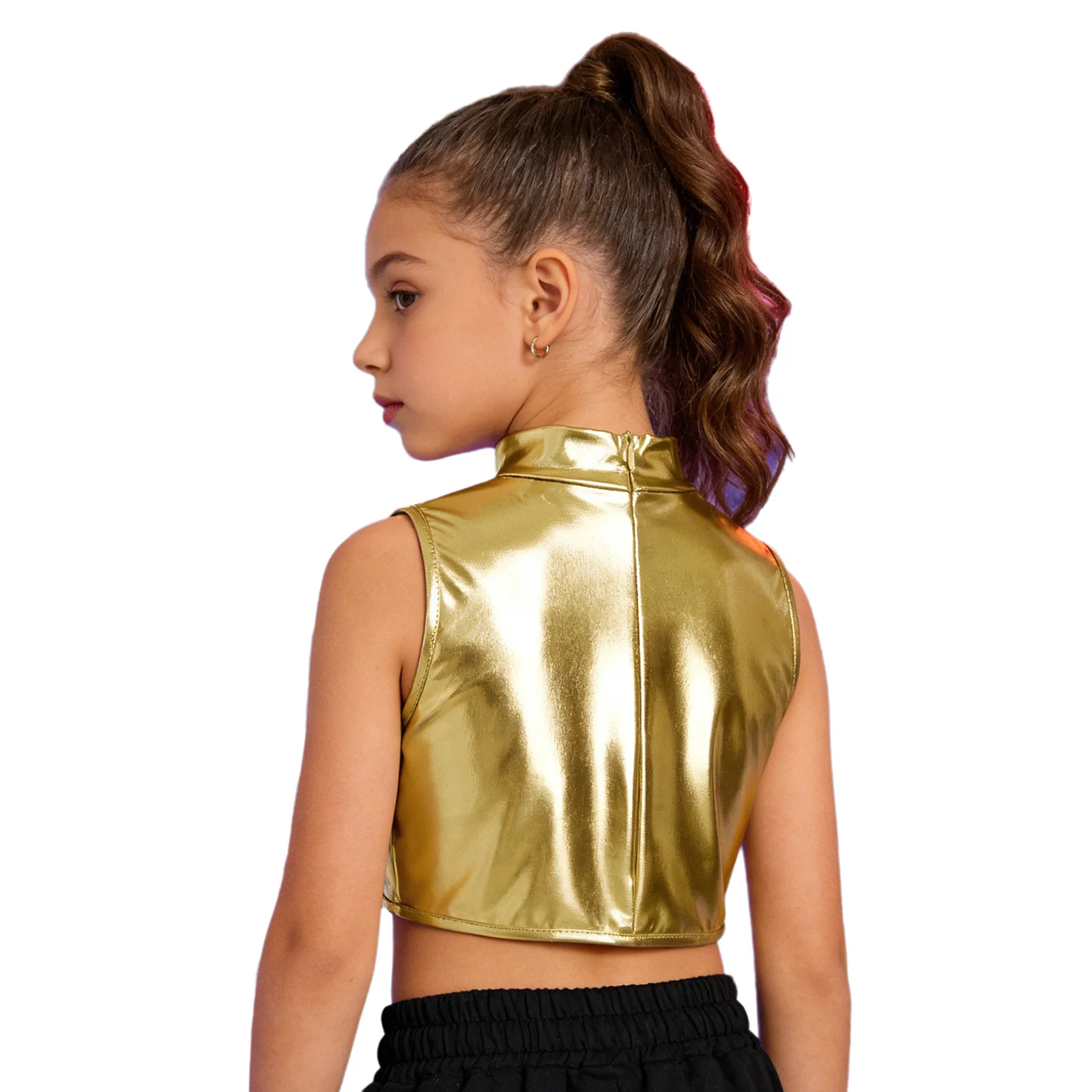 Kids Girls Sparkling Sequin Metallic Crop Top Disco Party Jazz Hip Hop Dance Performance Vest Sleeveless Ruffles Shiny Tank Top