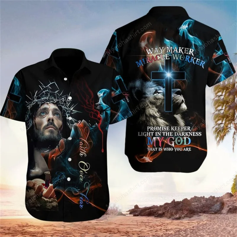 

Jesus And Lion Aloha Hawaiian Shirt Unisex Lapel Short Sleeves Summer Men Women Cool Beach Shirts Floral Shirt Cross Tops