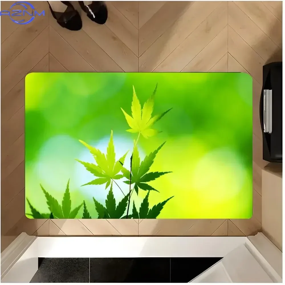 retro herbal graphic sticker Weed Leaf Floor Mat Washable Absorbent Flannel Door Mat Non-Slip Indoor Floor Rug