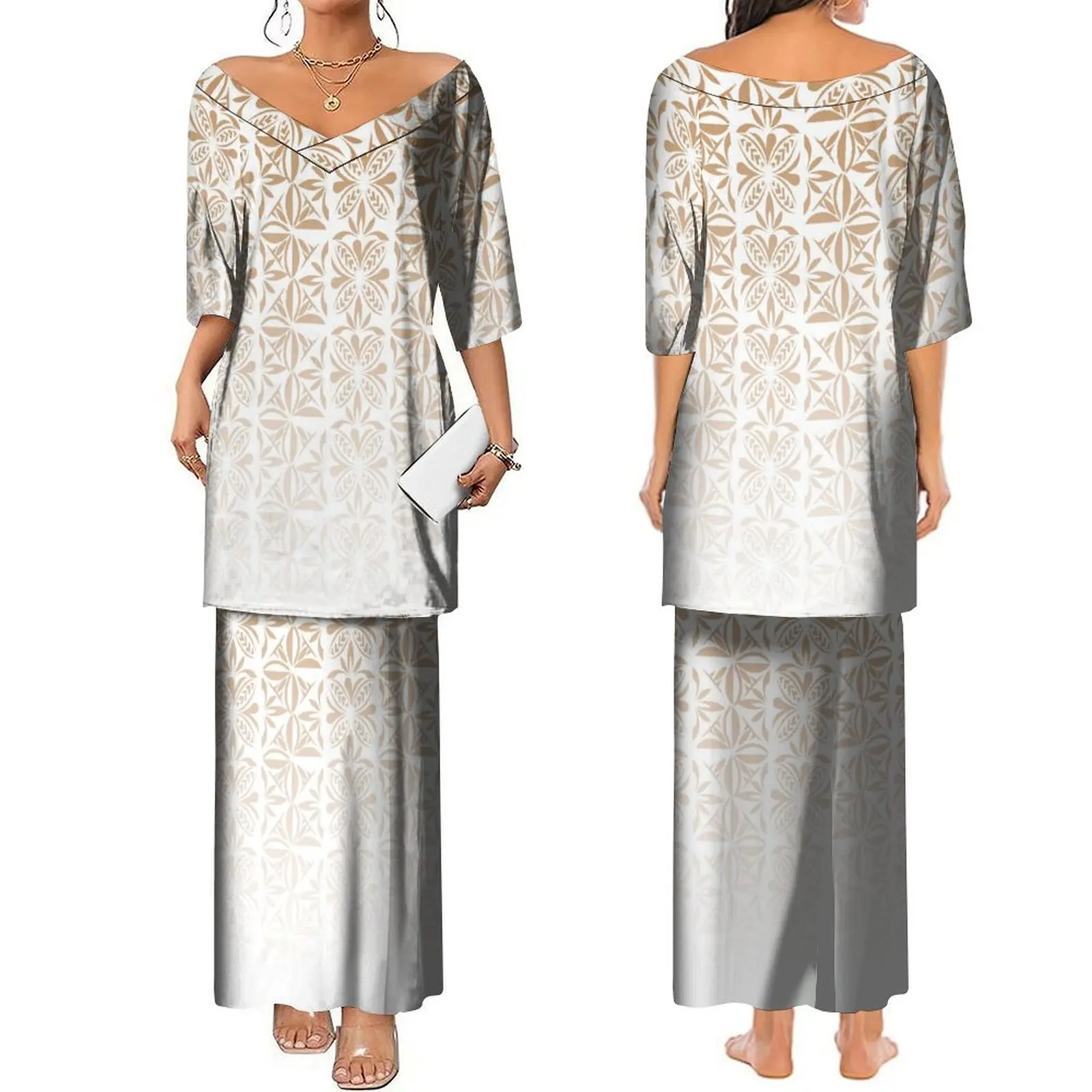 Wholesale Price Polynesian Tribal V-Neck Puletasi Dress Samoan Customized On Demand Elegant Puletasi Dress