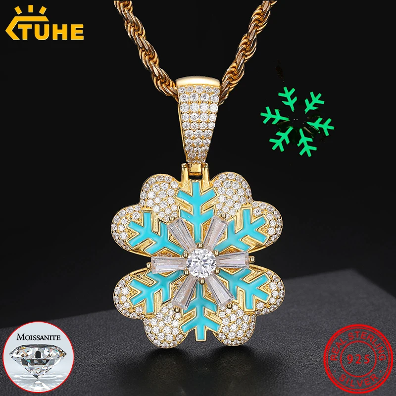 

Custom Glowing Pendant Necklace Silver 925 for Men Hip Hop Jewelry Baguettes D Color Moissanite Rotate Snowflake Women Chains