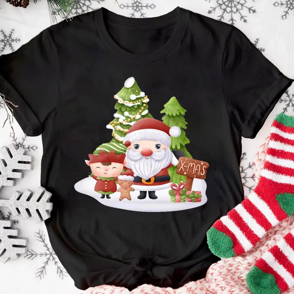 Merry Christmas Santa Claus Shirt Cute Christmas T-shirt Wo Xmas Short Sleeve Shirts Holiday Clothes Tops