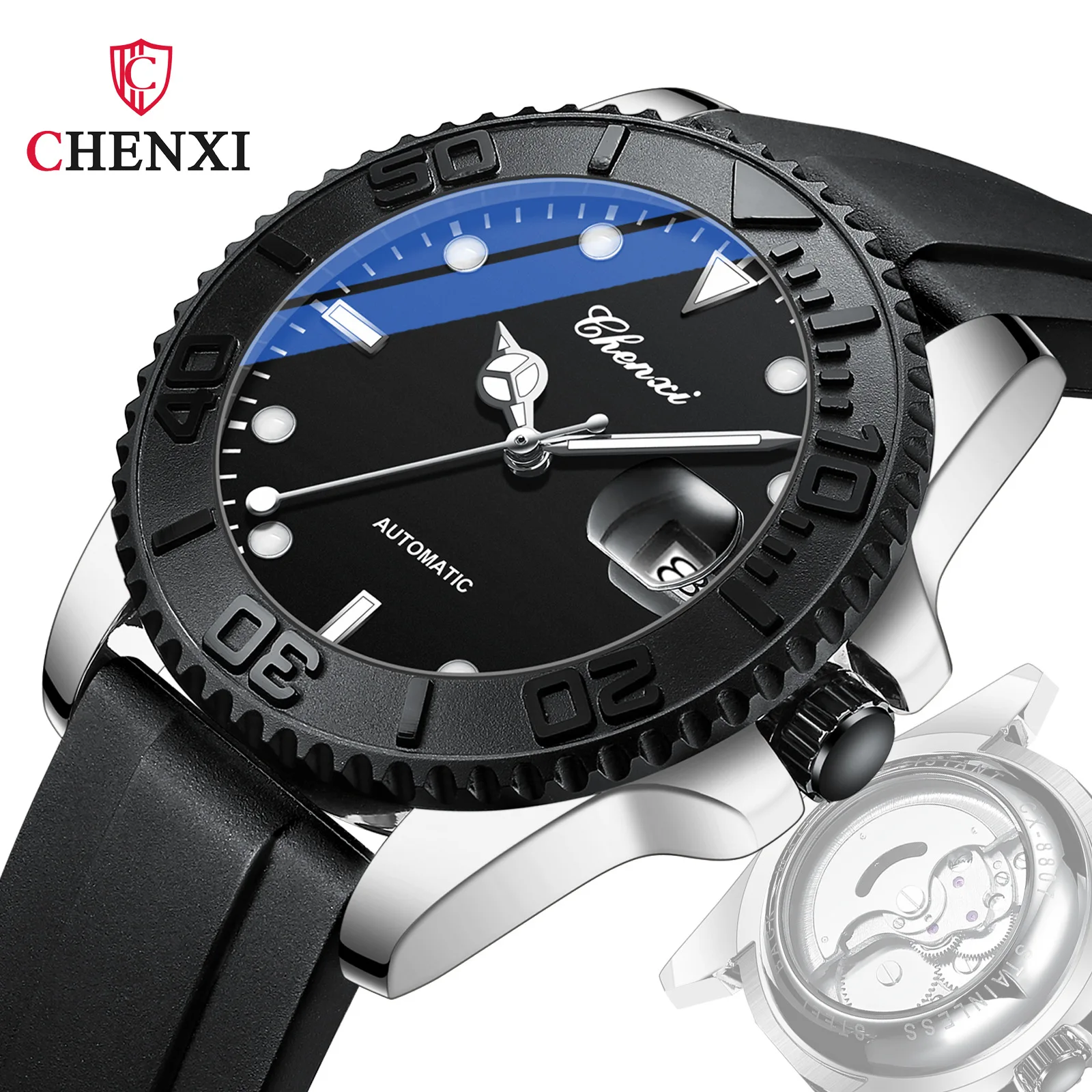 CHENXI 8807 Original Brand Men\'s Fully Automatic Mechanical Watches Silicone Strap Waterproof Sports Mechanical Watch for Men