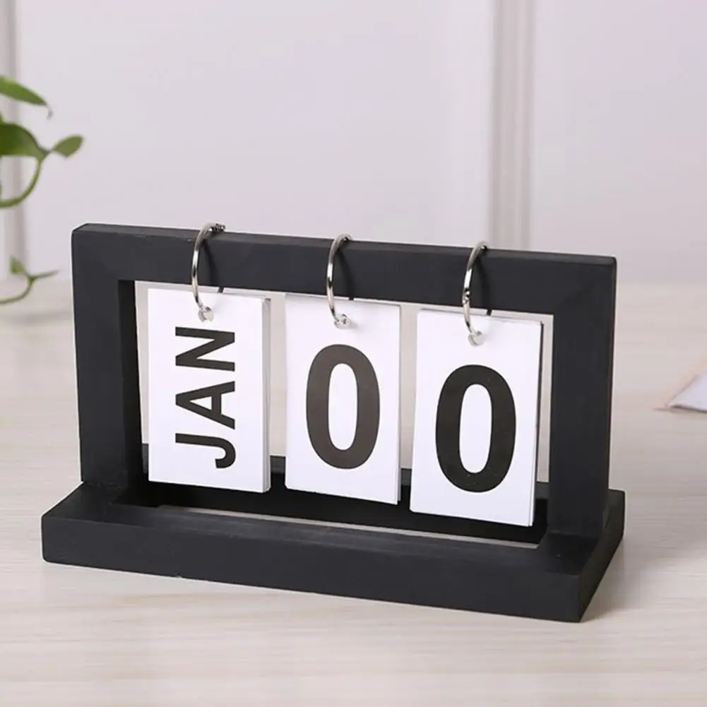 Calendar Work Station Decor Rust-resistant Wooden Perpetual Calendar Ornament Desktop Decor with Metal Iron Ring Solid for Home