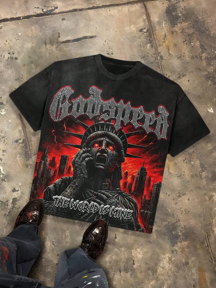 Godspeed The World Is Mine Apocalyptic Liberty Distressed Oversized Graphic Tee Herren-Kurzarmshirt