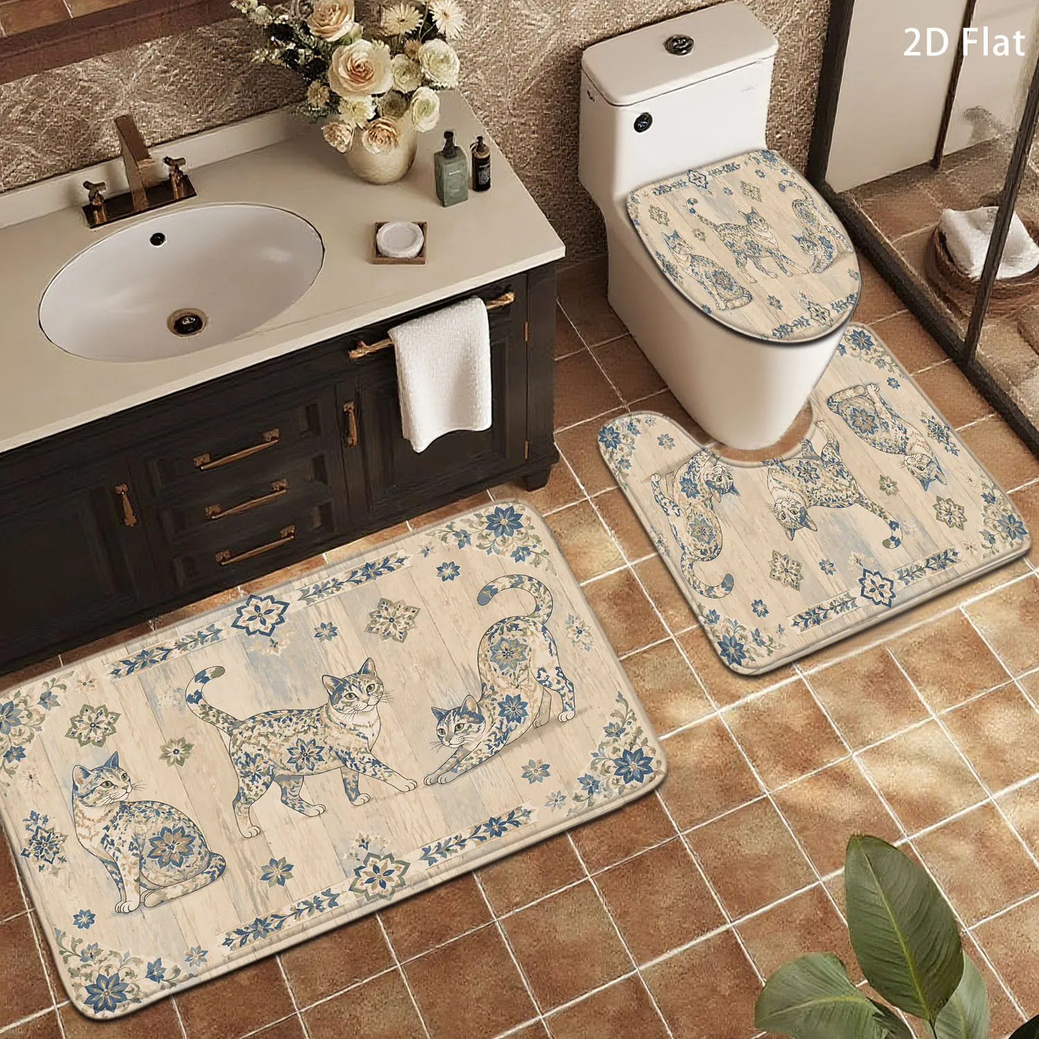 Cute Cat Print Bathroom Rug Set 3 Piece Bath Mat Vanity Rug for Bathroom Decor Home Gift