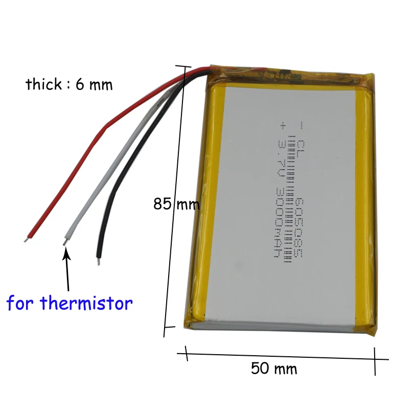 3.7V 3000mAh 11.1Wh 3 przewody termistora litowo-polimerowa bateria LiPo 605085 dla kamery samochodowej PDA MID ipod przenośny Tablet PC