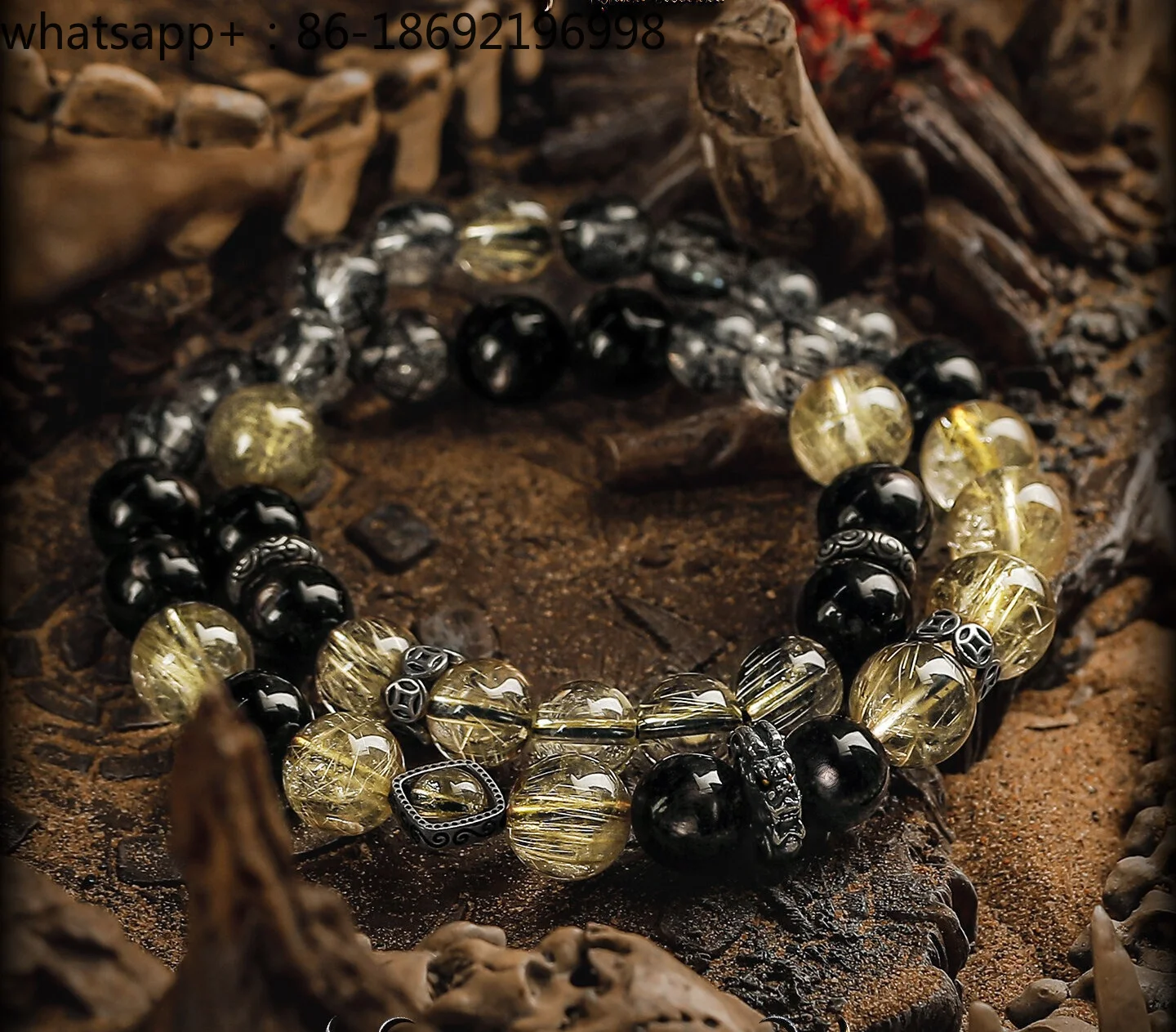 [Aolong] Original Design Retro Crystal Bracelet Men's Golden Hair Crystal Hand Beaded Gold Transportation Stone
