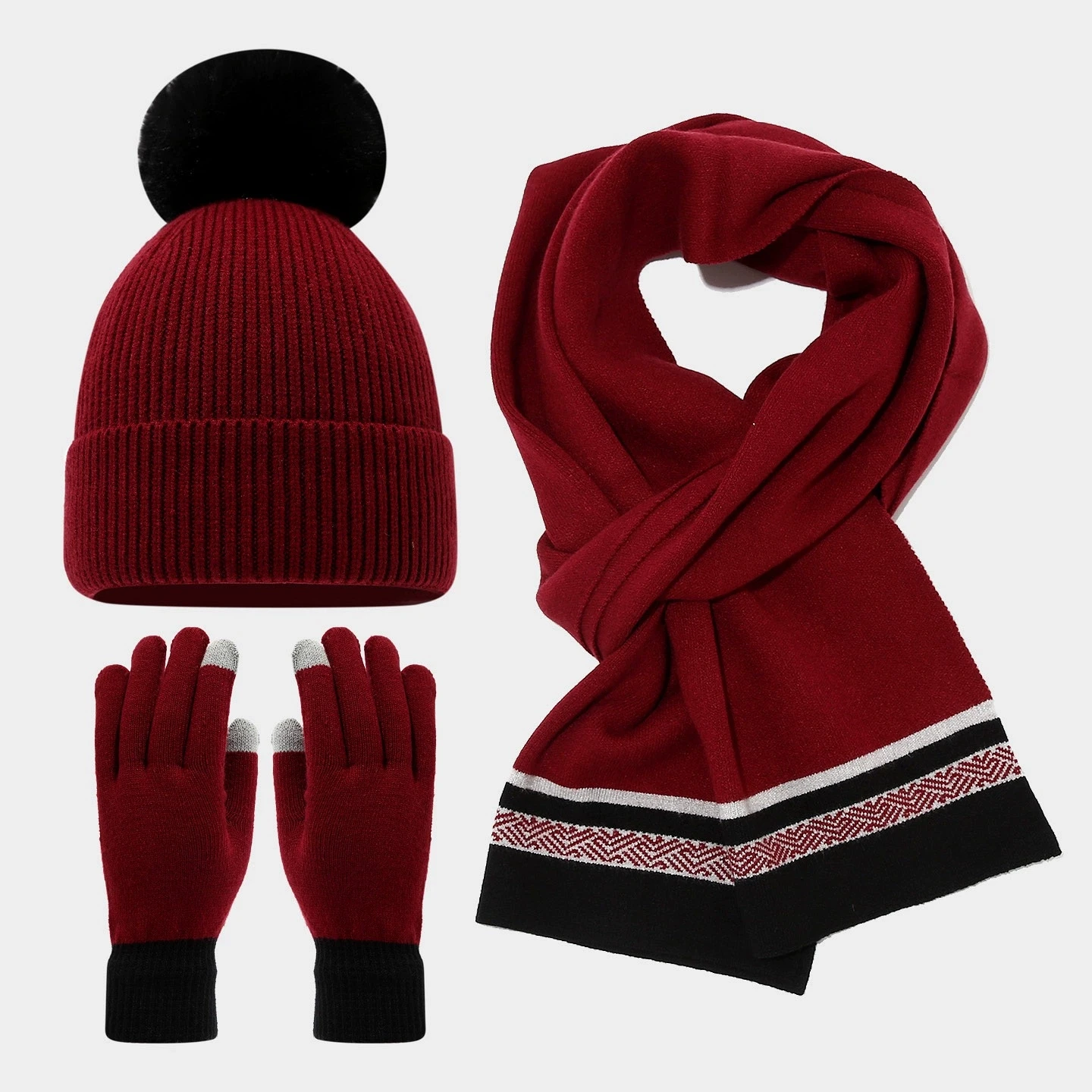 Autumn/Winter Women Ear-Protecting Faux Fur Knitted Hat Scarf and Gloves Set for Cold Weather Outdoor Warm Three-Piece Set