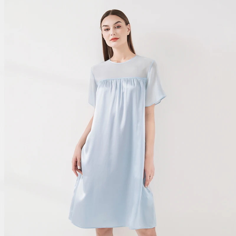 

Пижама из 100% тутового шелка, сорочка в стиле пэчворк, ночная рубашка с круглым вырезом и короткими рукавами, элегантная женская домашняя одежда, свободное ночное платье миди