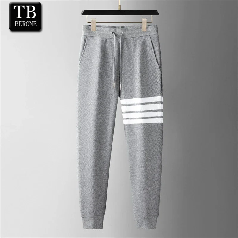 

TB BERONE Sports Casual Sweatpants Tide Waffle Autumn Couple Men's Four-bar Thom Brand Striped Cotton Knitted Slim-fit Trousers