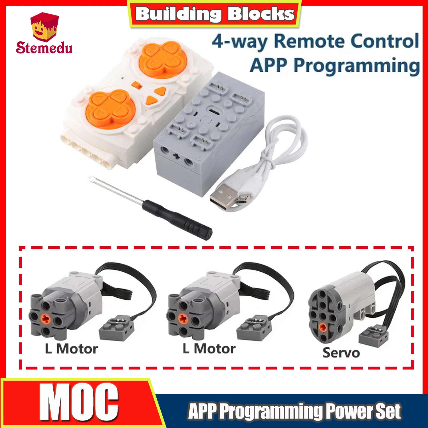 

L/Servo Motor + 4-Speed Remote Control Set - Power Group with Battery Case for MOC Building Blocks & DIY Projects