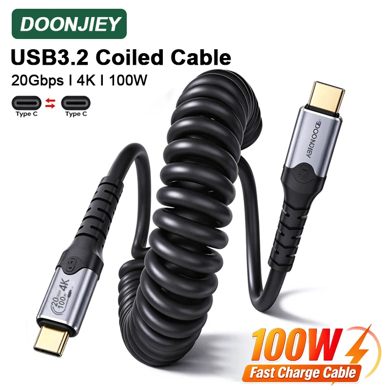 DOONJIEY USB 3.2 Gen2 to USB C Spring Cable 20Gbps USB C to Type C Data Cord  4K@60H Video Spring For MacBook Samsung Xiaomi