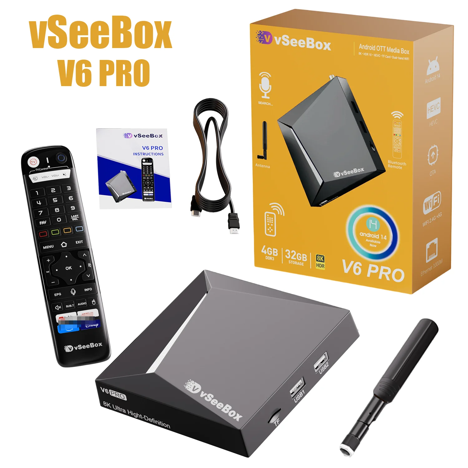 2026 Vseebox V6 Pro Android 14 TV Box 8K HDR 4GB RAM 32GB Storage with WiFi 6 and Gigabit LAN Upgraded from V5 Pro
