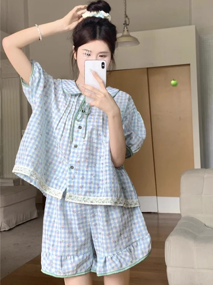 

Летние корейские кружевные клетчатые пижамы контрастного цвета, женские свободные тонкие кукольные воротники, домашняя одежда ort Sve