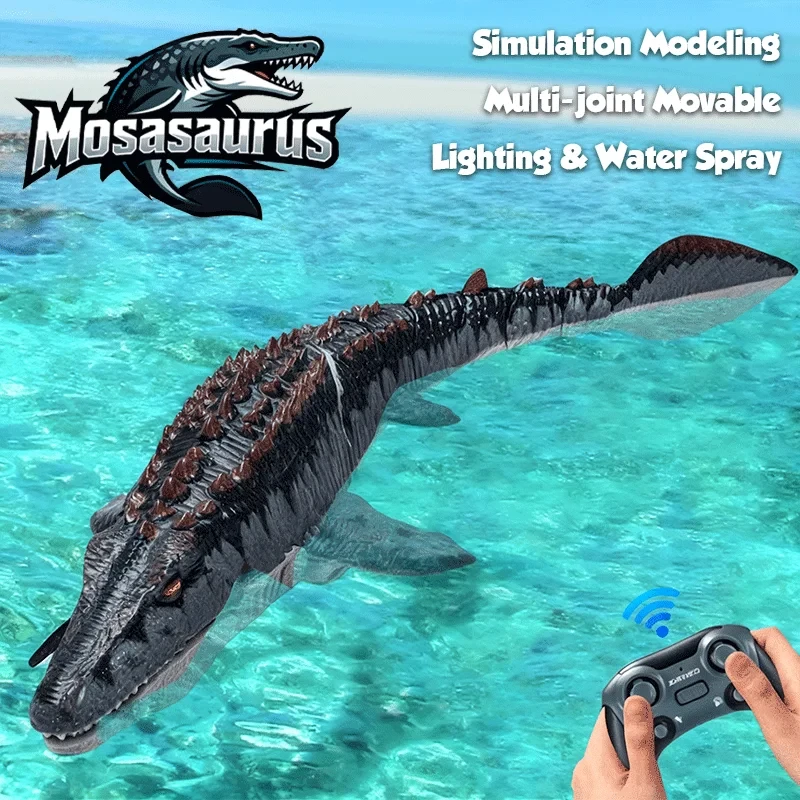 RC Mosasaurus Boat 2.4GHz Remote Control Swimming Dinosaur Toy Waterproof USB Rechargeable Spray for Pool Lake Outdoor Kids Boys