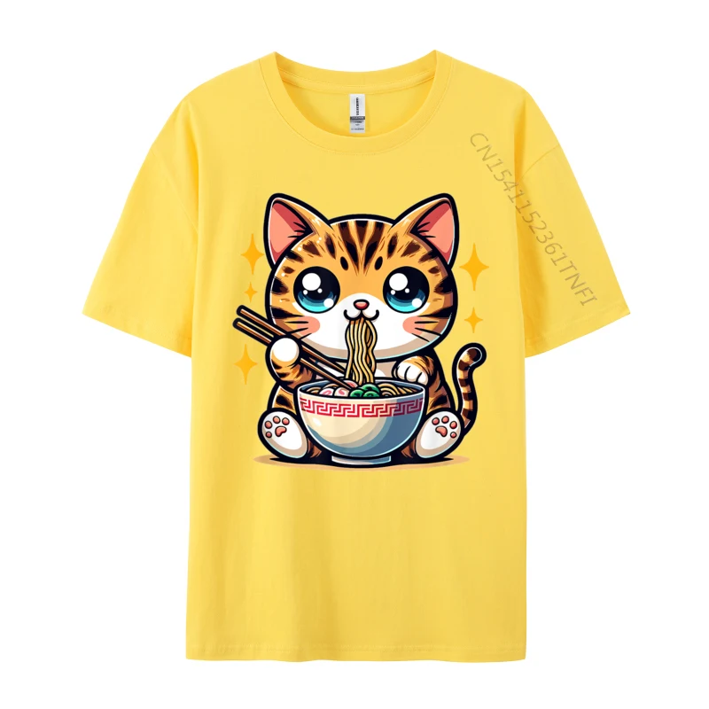 Cute Japanese Kawaii Chibi Bengal Cat Eating Ramen Normal Design Cotton Student Tops Tees Family Tee Shirt