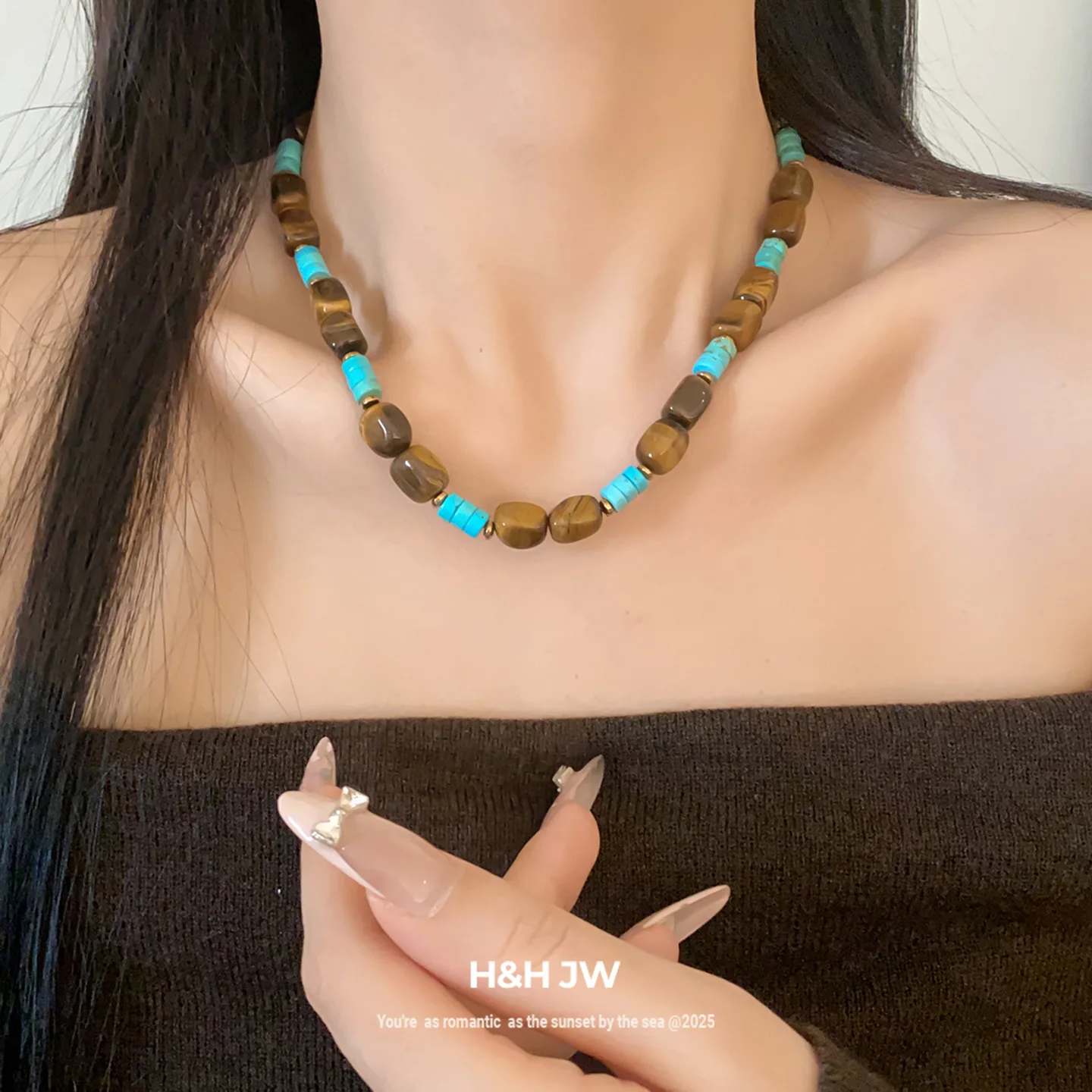 Vintage Tiger Eye Stone & Turquoise Contrast Color Beaded Necklace, Women Ethnic Design Choker, Versatile Neck Jewelry Gift