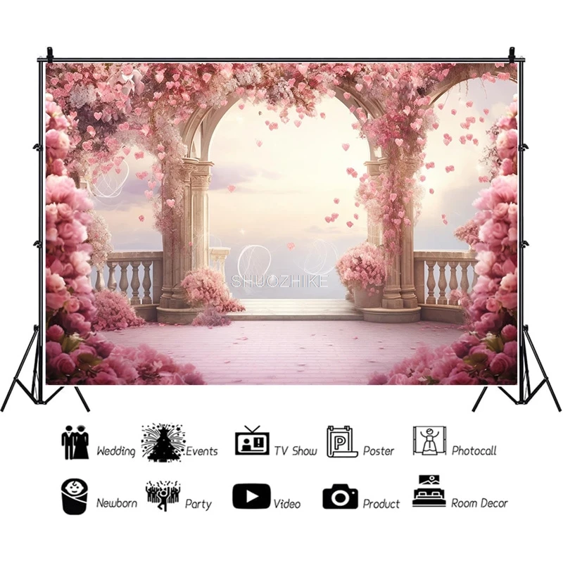Romantic Fantasy Wedding Gate Bouquet Deco Photography Backdrop Props Archway With Flowers Palace Photo Studio Background HHL-04