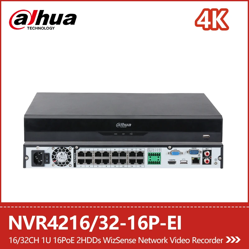 

Dahua 16CH/32CH 1U 16PoE 2HDD Сетевой видеорегистратор WizSense NVR4216-16P-EI NVR4232-16P-EI Обнаружение лица Защита периметра