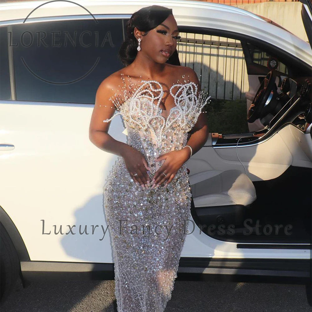 Glitter Sequin Prom Dresses Black Girls Beading Pearls Mermaid Party Gowns African Women Evening Dress Customized فساتين