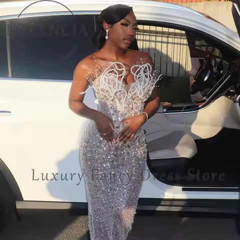 Glitter Sequin Prom Dresses Black Girls Beading Pearls Mermaid Party Gowns African Women Evening Dress Customized فساتين