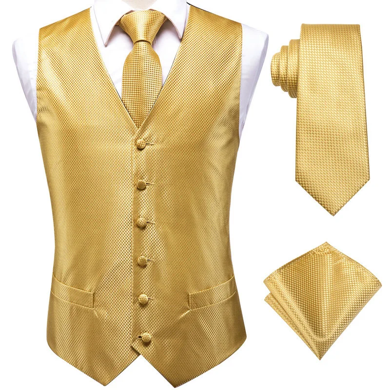 VerveRow Men Solid Waistcoat Vest Necktie Pocket Square Set Formal Wedding Business Dress Vest 3‑Pieces Set