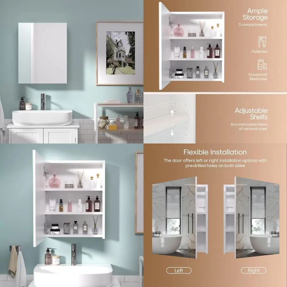 

White 20x16 Inch Bathroom Wall-Mounted Cabinet with 1 Door and Adjustable Shelves (Assembly Required)