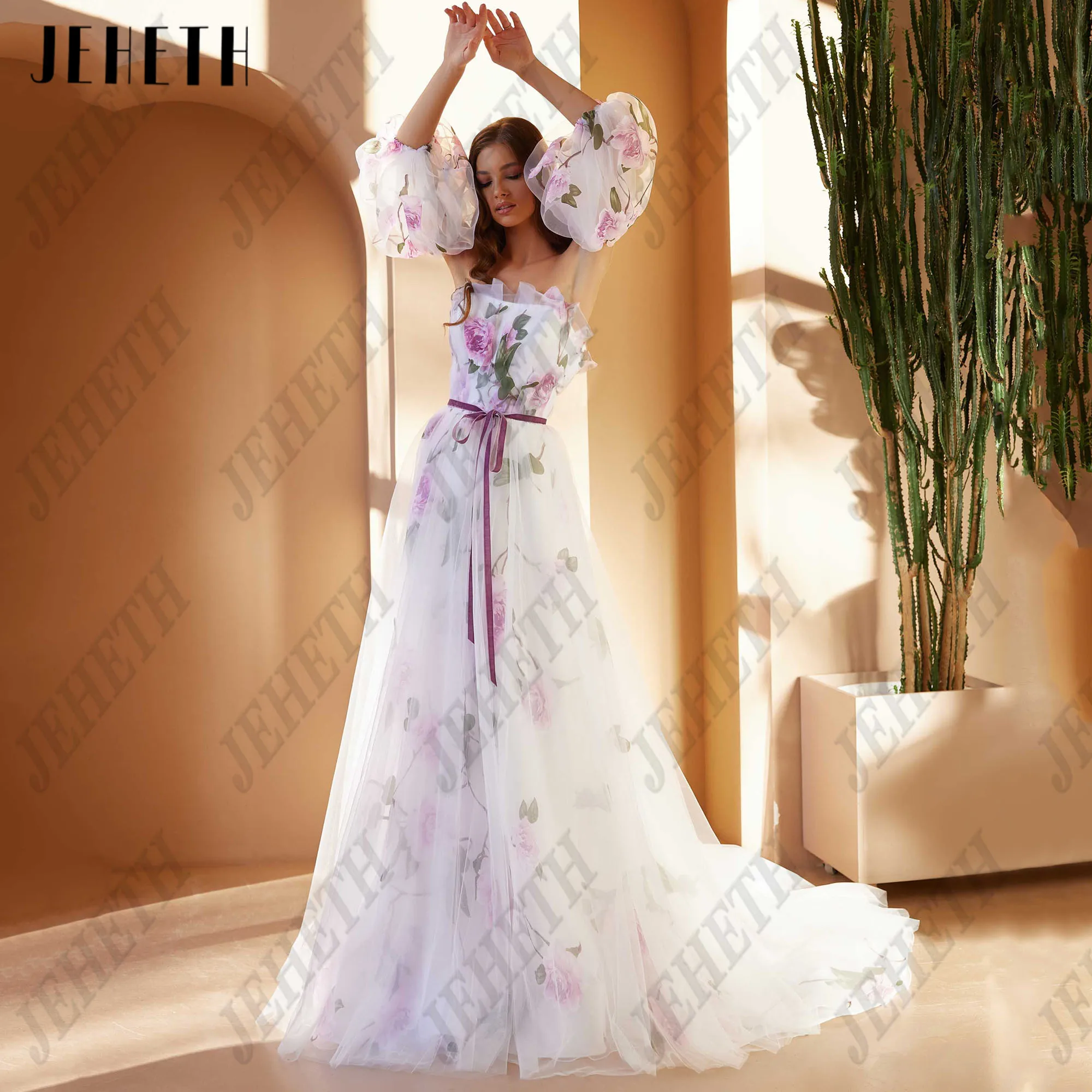 

JEHETH A-Line Long Prom Dresses Puff Sleeve Flowers Strapless Wedding Party Gowns for Women Lace Up Evening Dress Customized