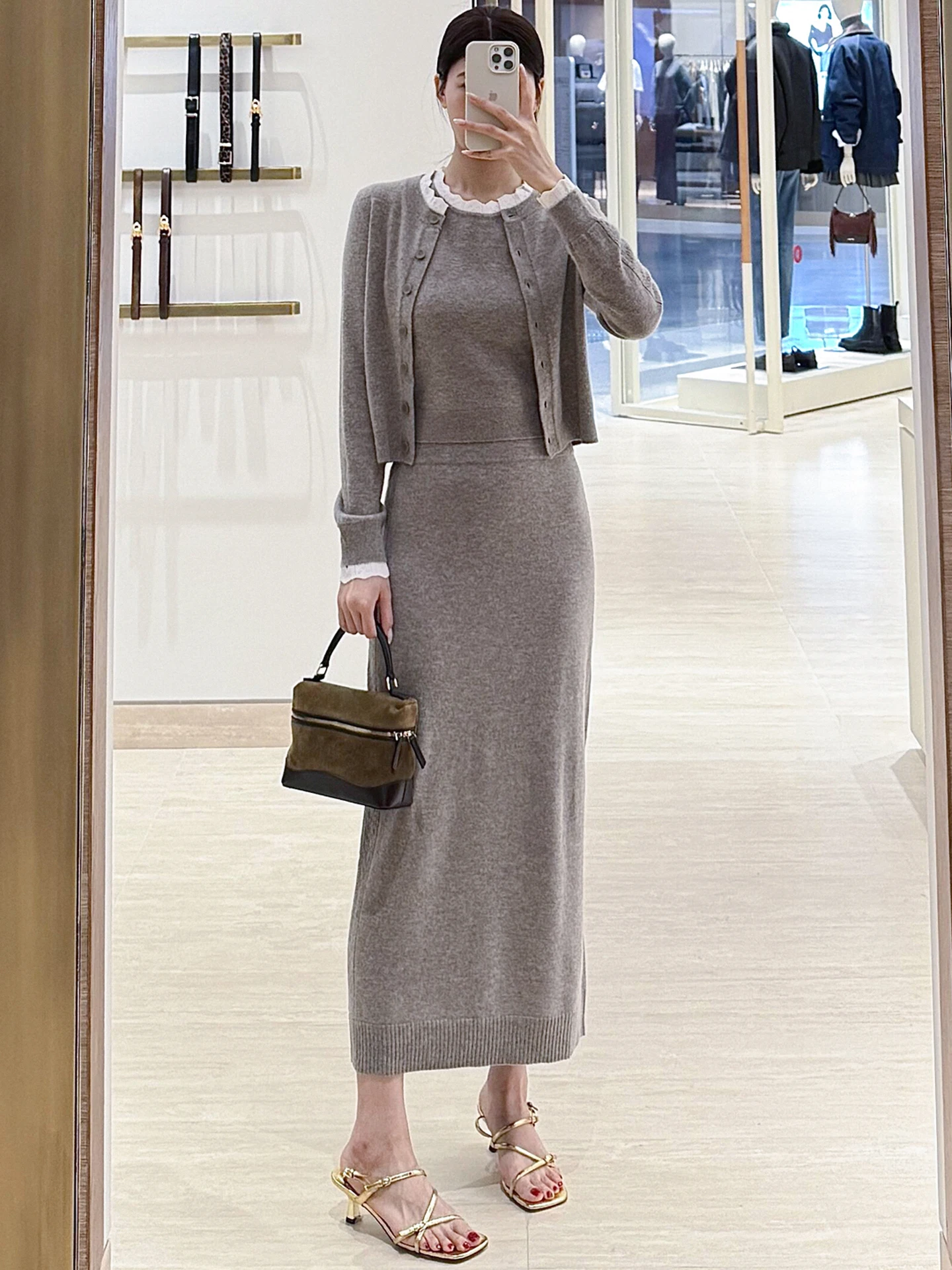 الراقية محبوك سترة مفتوحة أعلى f-تنورة مجموعة المرأة Faion الخريف الشتاء فرقة ألياف البوليستر زر إغلاق Casua...