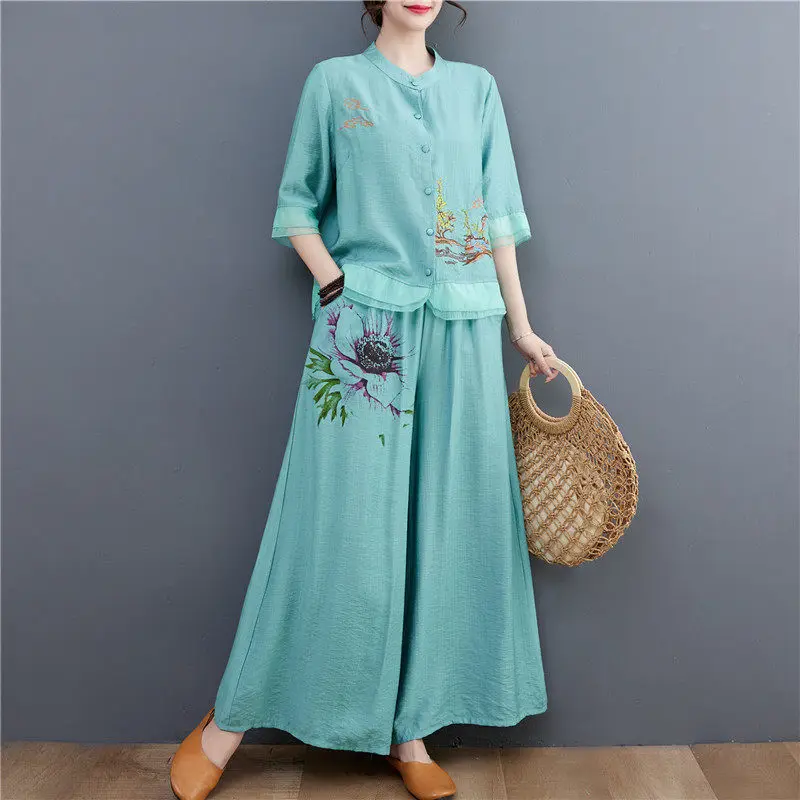 2023 Ramie Top Ethnische Retro Sommer frauen Tragen Baumwolle Und Leinen Kleidung Strickjacke Chinesischen Stil Zwei-Stück Outfits hosen Set Z449