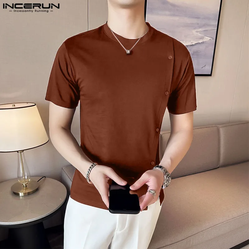 INCERUN 2024 Men T Shirt Solid Color O-neck Short Sleeve Button Men Clothing Streetwear Summer Korean Casual Male Tee Tops S-5XL