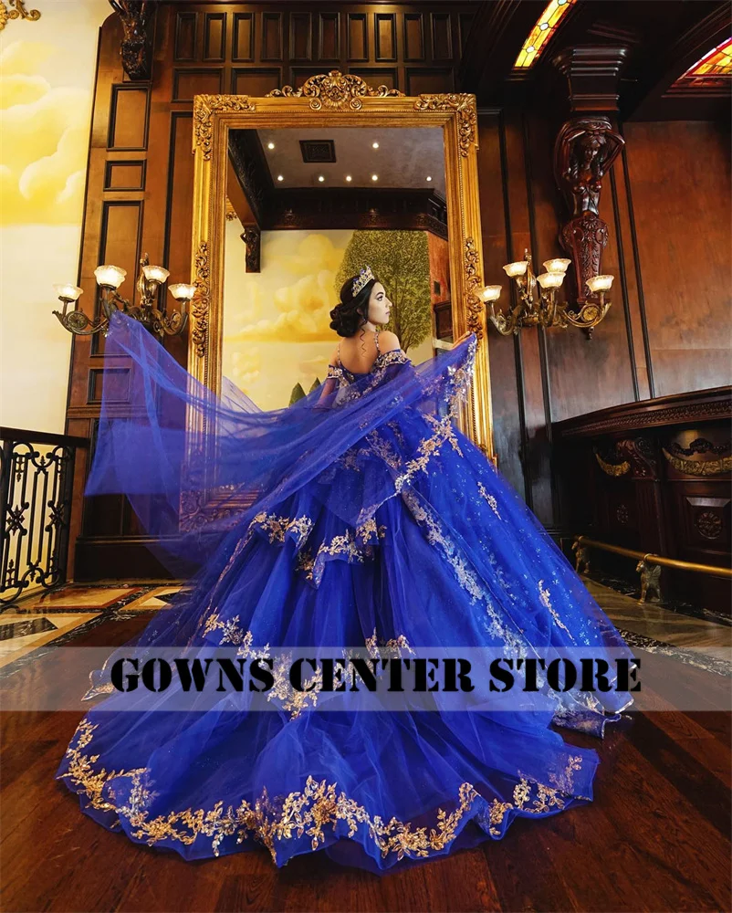 New In Royal Blue Light Gold Lace Appliques Spaghetti Quinceanera Dress For Girl With Cape Ball Gown For Sweet 15 16 Customized